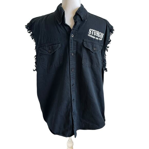 Sturgis Sleeveless Shirt Men Size Large Black Motorcyle Rally Raw Edge Button Up - Picture 1 of 10